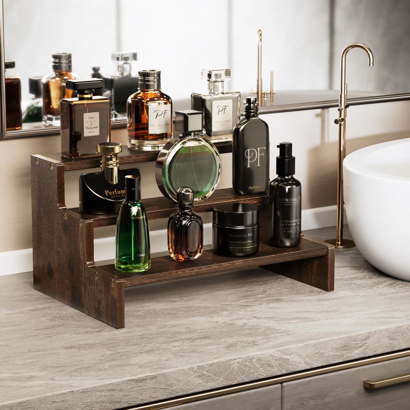 بروكاس منظم كولونيا خشبي للرجال من بروكيس، رافعات عرض منظم العطور من 3 طبقات، منظم حامل حامل كولونيا للرجال، رف رف كولونيا للعطور والشموع ومستحضرات التجميل على شكل كب كيك - بني - Image 3